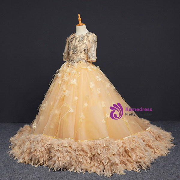 Champagne Short Sleeve Tulle Appliques Flower Girl Dress