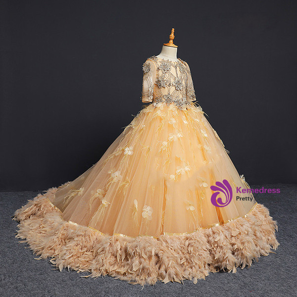 Champagne Short Sleeve Tulle Appliques Flower Girl Dress