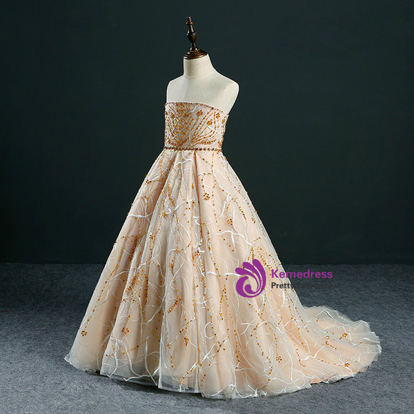 Ball Gown Strapless Gold Tulle Beading Flower Girl Dress