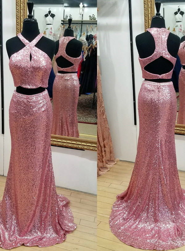 Pink Sequins Mermaid Two Piece Sleeveless Sweep Train Prom Dress