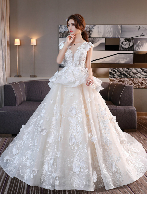 In Stock:Ship in 48 hours Ball Gown Backless Appliques Wedding Dress