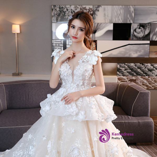 In Stock:Ship in 48 hours Ball Gown Backless Appliques Wedding Dress