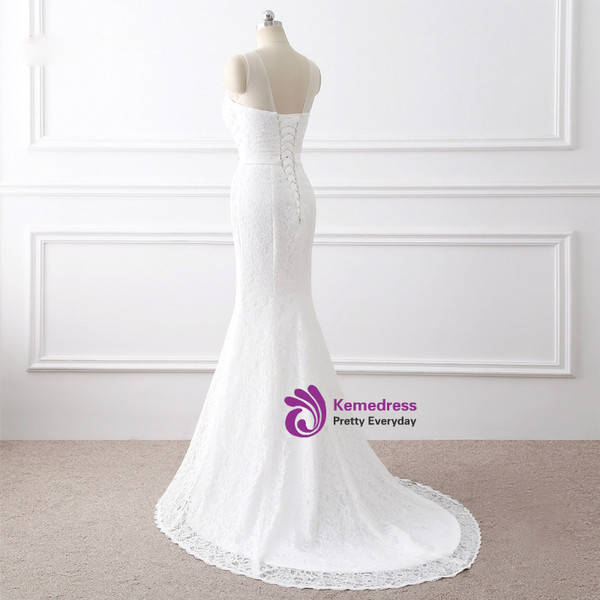 In Stock:Ship in 48 hours Mermaid White Lace Backless Wedding Dress