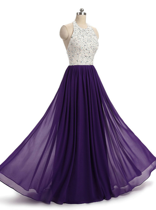 In Stock:Ship in 48 hours Halter Purple Beading Chiffon Prom Dress