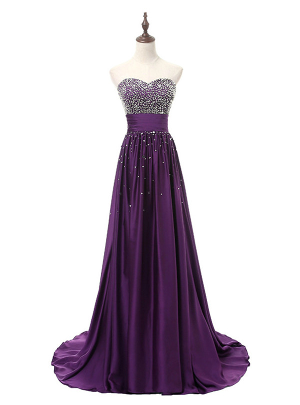 In Stock:Ship in 48 hours Purple Satin Beading Sweetheart Prom Dress