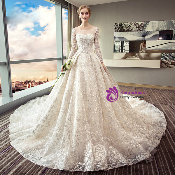 White Ball Gown Long Sleeve Lace Backless Wedding Dress