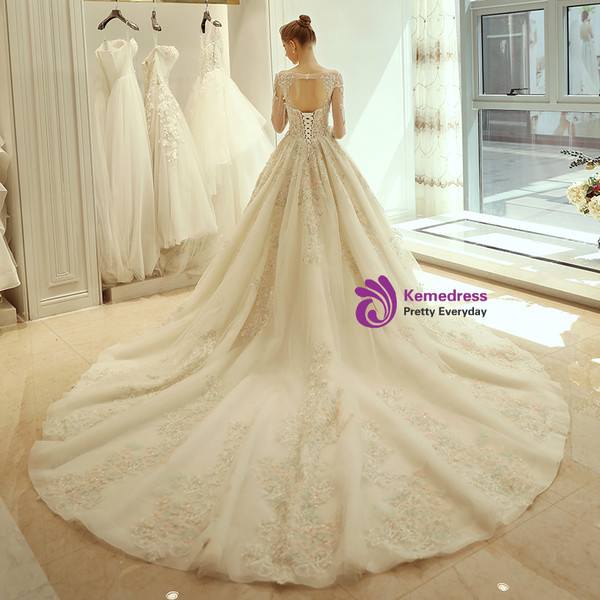 In Stock:Ship in 48 hours Long Sleeve Backless Appliques Wedding Dress