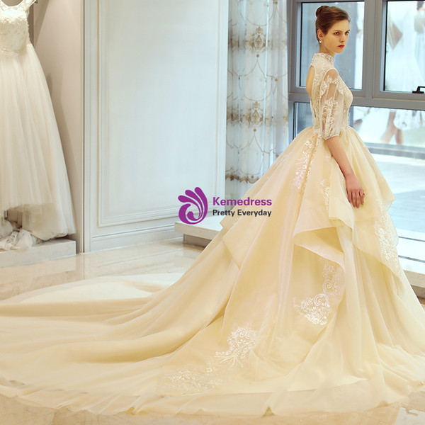 In Stock:Ship in 48 hours Champagne Short Sleeve Open Back Wedding Dress