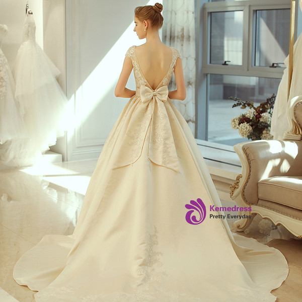In Stock:Ship in 48 hours Champagne Satin Backless With Bow Wedding Dress