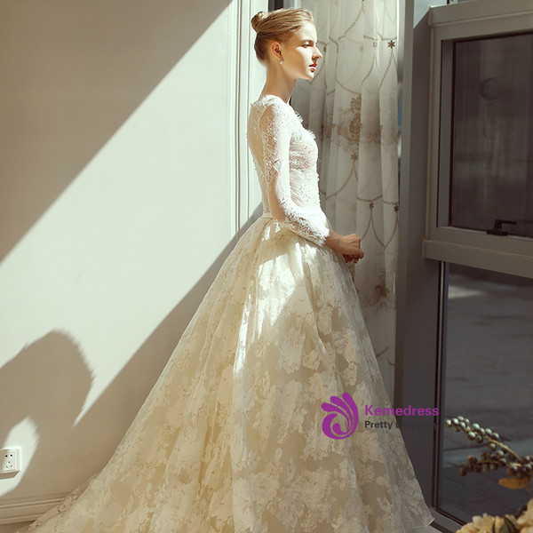 In Stock:Ship in 48 hours Champagne Long Sleeve Lace Wedding Dress