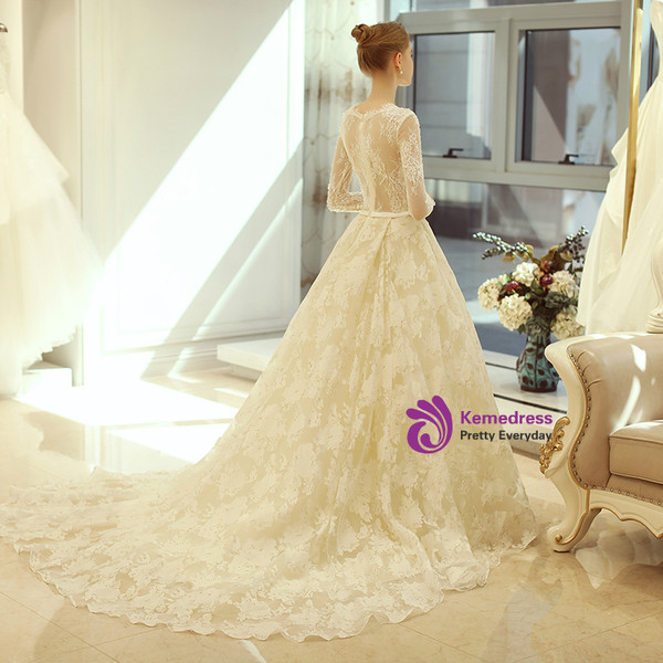 In Stock:Ship in 48 hours Champagne Long Sleeve Lace Wedding Dress