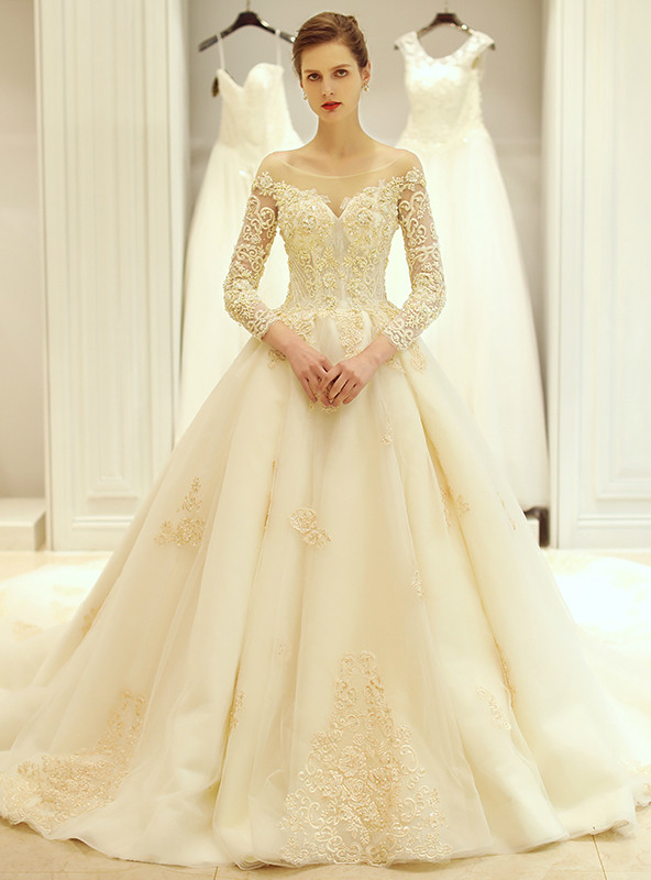 Ball Gown White Tulle Champagne Appliques Long Sleeve Wedding Dress