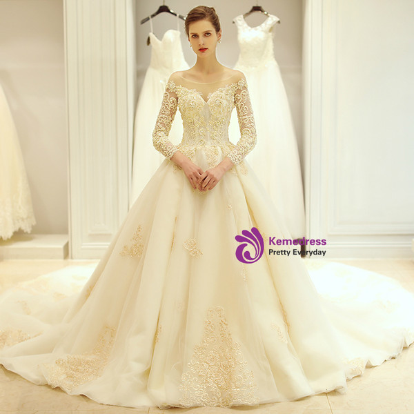 Ball Gown White Tulle Champagne Appliques Long Sleeve Wedding Dress