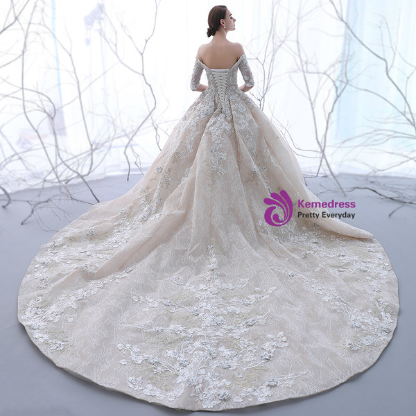 Champagne Tulle Off The Shoulder Appliques Short Sleeve Wedding Dress