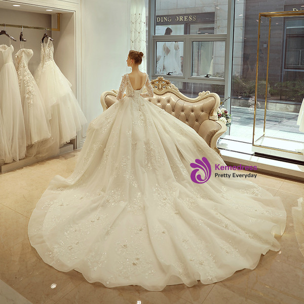 White Ball Gown Long Sleeve Backless Tulle Wedding Dress