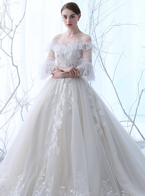 In Stock:Ship in 48 hours Ball Gown White Tulle Off The Shoulder Wedding Dress