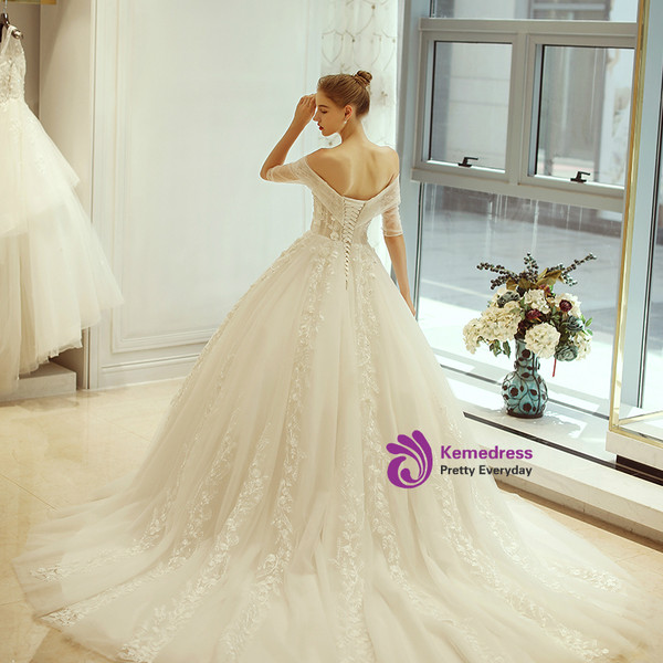 In Stock:Ship in 48 hours Ball Gown Ivory Off The Shoulder Wedding Dress