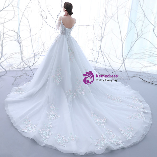In Stock:Ship in 48 hours White Tulle Straps Tulle Appliques Wedding Dress