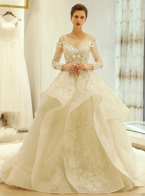 Ball Gown Ivory Long Sleeve Backless Appliques Wedding Dress
