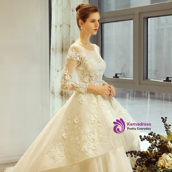 Ball Gown Ivory Long Sleeve Backless Appliques Wedding Dress