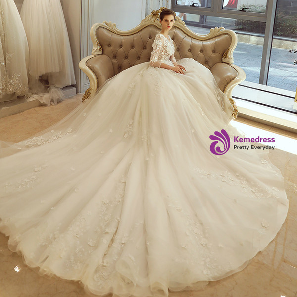 In Stock:Ship in 48 hours White Long Sleeve Appliques Wedding Dress