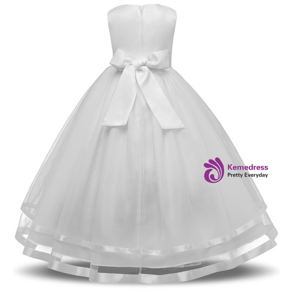 In Stock:Ship in 48 hours White Tulle Floor Length Flower Girl Dress