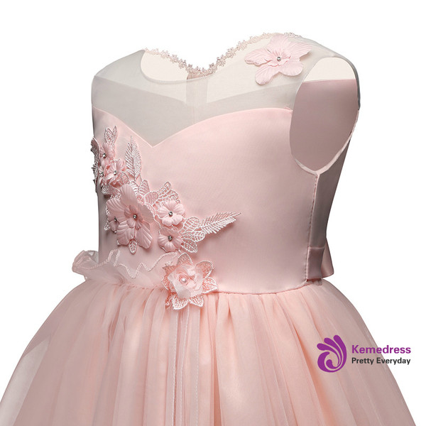 In Stock:Ship in 48 hours Pink Tulle Appliques Flower Girl Dress