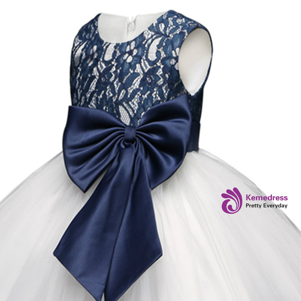 In Stock:Ship in 48 hours Blue Lace White Tulle Flower Girl Dress