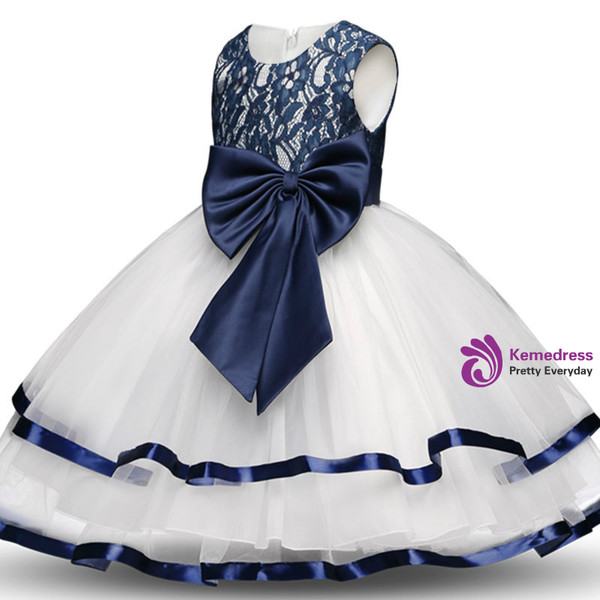 In Stock:Ship in 48 hours Blue Lace White Tulle Flower Girl Dress