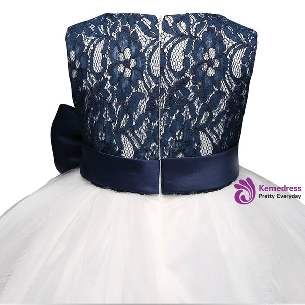 In Stock:Ship in 48 hours Blue Lace White Tulle Flower Girl Dress