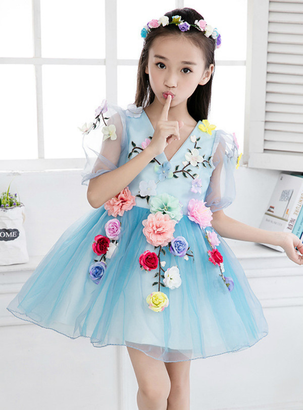 In Stock:Ship in 48 hours Blue Tulle Flower V-neck Flower Girl Dress