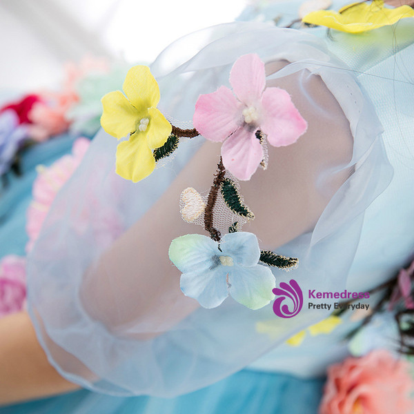 In Stock:Ship in 48 hours Blue Tulle Flower V-neck Flower Girl Dress