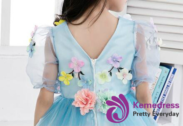 In Stock:Ship in 48 hours Blue Tulle Flower V-neck Flower Girl Dress