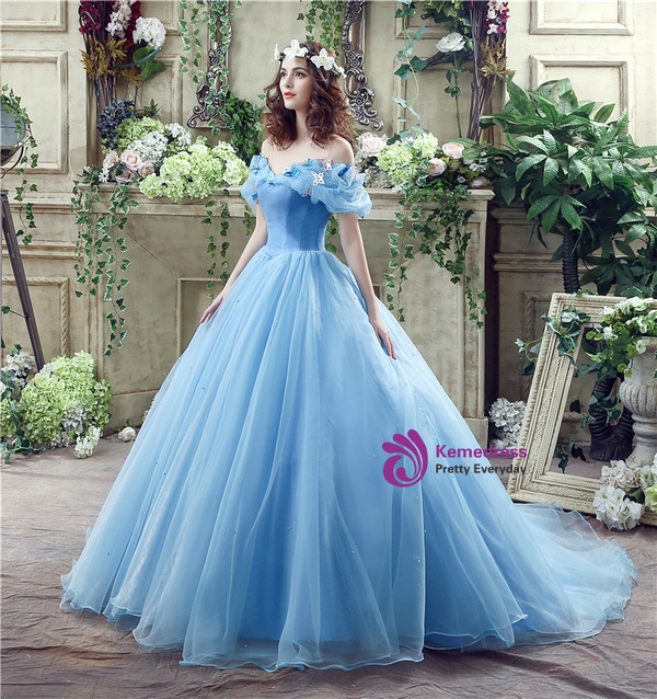 In Stock:Ship in 48 hours Blue Tulle Off The Shoulder Cinderella Wedding Dress