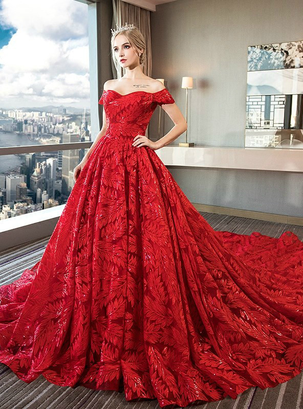 In Stock:Ship in 48 hours Ball Gown Off The Shoulder Red Tulle Wedding Dress