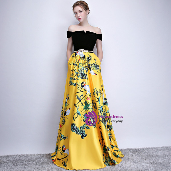 In Stock:Ship in 48 hours Yellow Satin Off The Shoulder Print Prom Dress