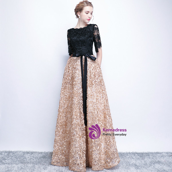 In Stock:Ship in 48 hours Gold Black Lace Short Sleeve Prom Dress
