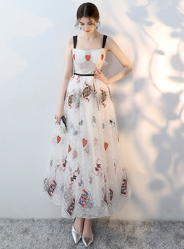 In Stock:Ship in 48 hours White Print Straps Backless Prom Dress