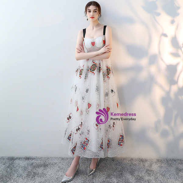 In Stock:Ship in 48 hours White Print Straps Backless Prom Dress