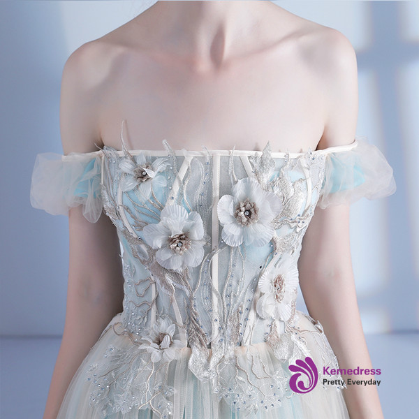 In Stock:Ship in 48 hours Off The Shoulder Tulle Backless Prom Dress