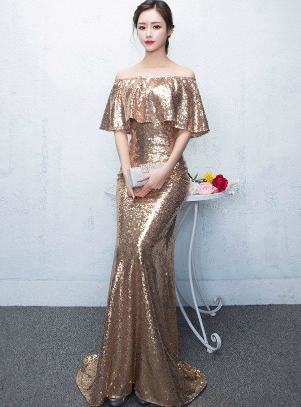 In Stock:Ship in 48 hours Gold Off The Shoulder Sequins Prom Dress