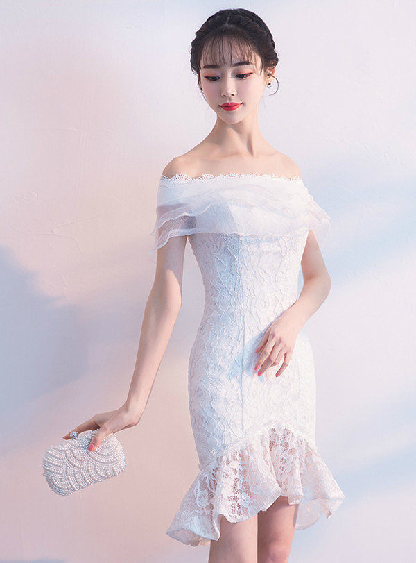 In Stock:Ship in 48 hours White Lace Mermaid Off Th Shoulder Homecoming Dress