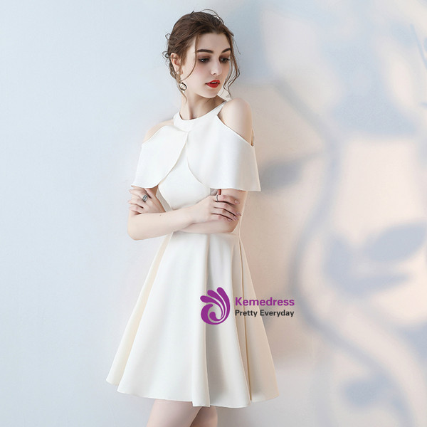 In Stock:Ship in 48 hours White Halter Satin Homecoming Dress