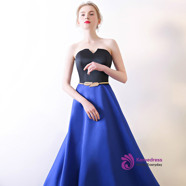In Stock:Ship in 48 hours Blue Satin Strapless Prom Dress