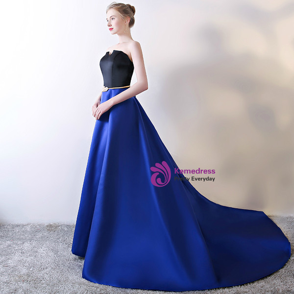 In Stock:Ship in 48 hours Blue Satin Strapless Prom Dress