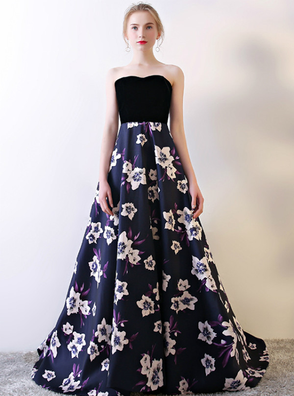 In Stock:Ship in 48 hours Satin Print Strapless Prom Dress