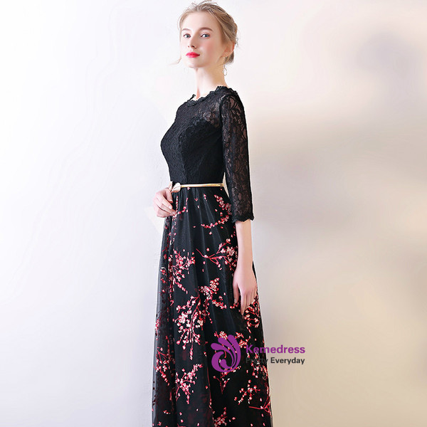 In Stock:Ship in 48 hours Black Lace Long Sleeve Print Prom Dress
