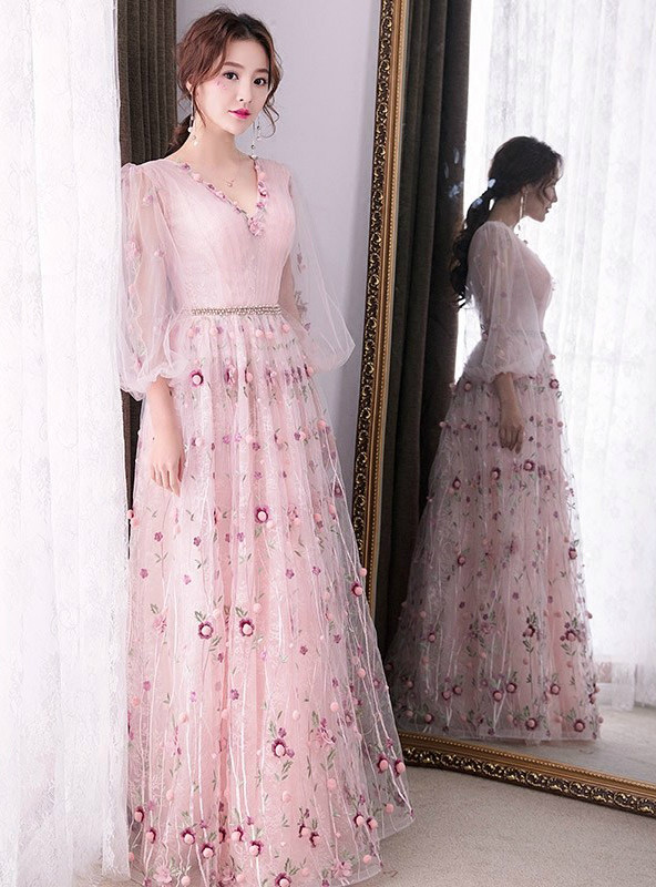 In Stock:Ship in 48 hours Pink Tulle V-neck Long Sleeve Prom Dress