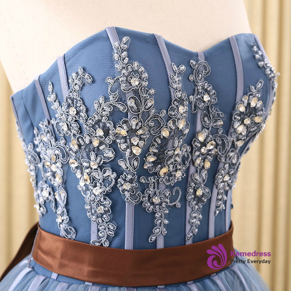 Blue Ball Gown Tulle Sweetheart Appliques Wedding Dress