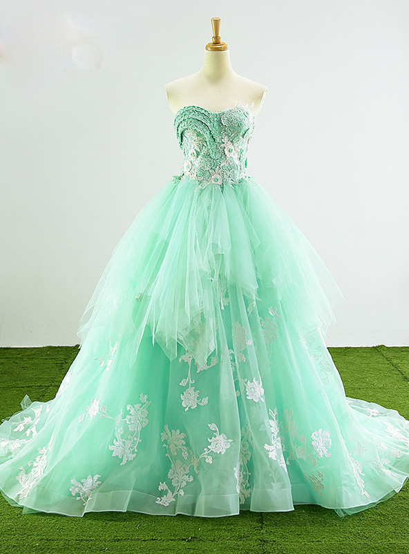 Green Ball Gown Tulle Sweetheart Appliques Wedding Dress